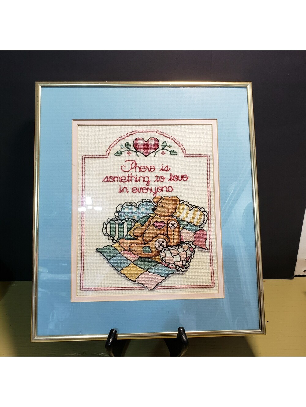 Counted Cross Stitch Artwork Matted Framed Teddy Bear Love Everyone Completed